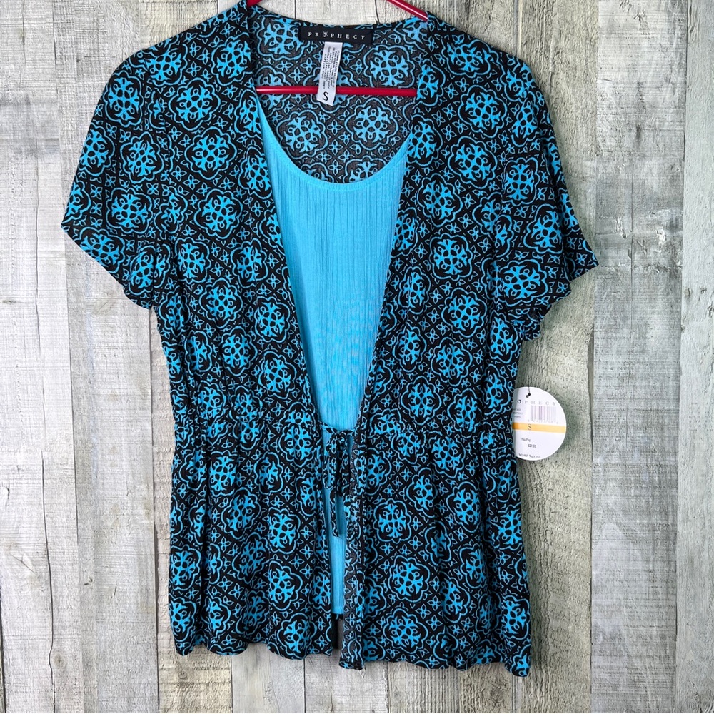 Prophecy Small Blouse 2fer style Short Sleeve Crewneck Tie Front